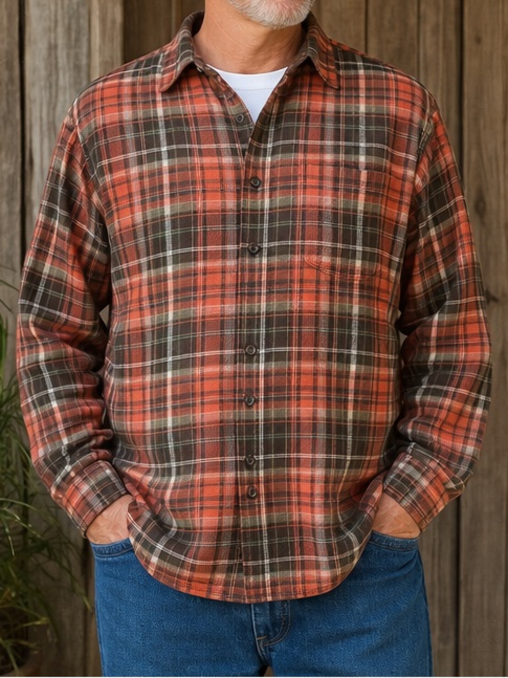 Croft & Barrow Flannel Shirt XL Tall Plaid Orange Brown Green Button Down